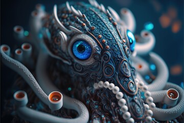 Menacing futuristic AI Kraken Animal Robot, glowing elements, scary, future created with generative ai technology