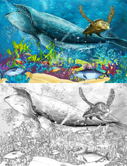 cartoon scene with whale near coral reef - illustration for children