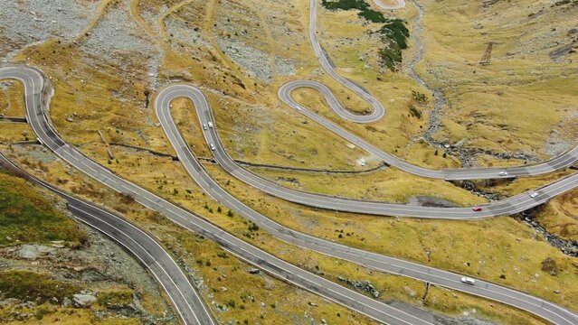 Aerial view of the famous Transfagarash mountain road in Romania, 4k