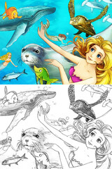Obraz na płótnie Canvas cartoon scene with coral reef animals underwater with swimming mermaid illustration