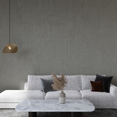 Concrete Blank Wall, Living Room Empty Wall Mockup, Modern Sofa, Plant and Coffee Table