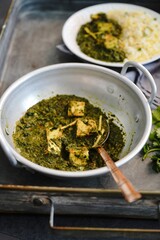 Homemade Palak Paneer or Indian cottage cheese spinach curry served with rice