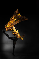 ballerina with golden fabric on a black background © Maestro7