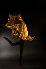 ballerina with golden fabric on a black background © Maestro7