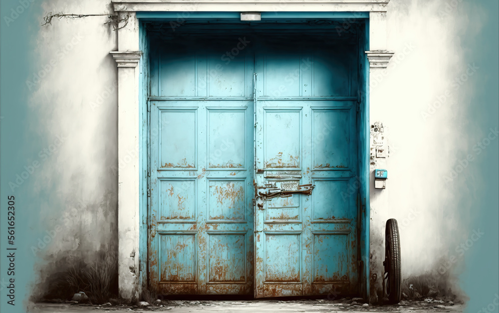 Wall mural close-up of a blue big old wooden door, ai generated