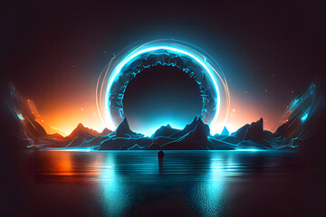 Modern futuristic neon abstract background, and a large object in the center with a space background.
