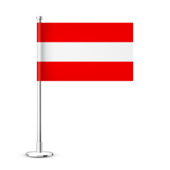 Realistic Austrian table flag on a chrome steel pole. Souvenir from Austria. Desk flag made of paper or fabric and shiny metal stand. Mockup for promotion and advertising. Vector illustration