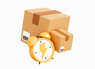 3D Fast delivery concept. Cardboard boxes with alarm clock. Express shipping service. Quick move. Floating parcel boxes. Cartoon creative design icon isolated on white background. 3D Rendering