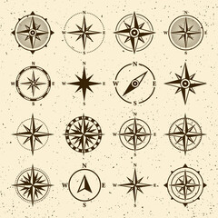 Vintage marine wind rose, nautical chart. Monochrome navigational compass with cardinal directions of North, East, South, West. Geographical position, cartography and navigation. Vector illustration.