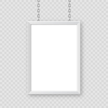 White signboard hanging on a metal chain. Restaurant menu board. Modern poster mockup. Blank photo or picture frame. Advertising or presentation board. Street banner. Vector illustration