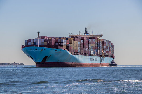 Staten Island, NY, United States - October 6, 2022: The vessel Arnold Maersk is a container ship built in 2003. Maersk Line is the largest container shipping company in the world.