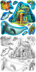 Obraz na płótnie Canvas cartoon scene with coral reef animals underwater illustration