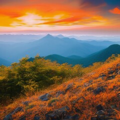 Fototapeta na wymiar Beautiful view of colorful sunrise in mountains. Background. Generative A