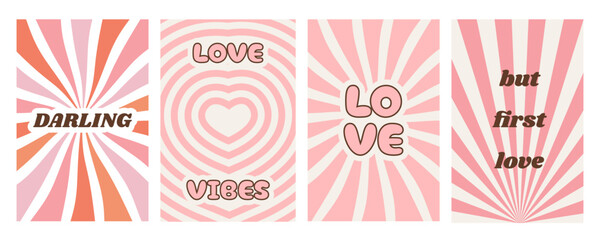 Naklejka premium Valentines day greeting card with romantic girly text. Contemporary funky groovy hippie love posters. Set of simple abstract background in trendy retro 60s 70s style. Vector flat illustration.