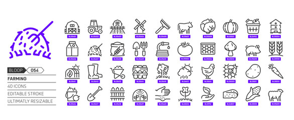 Farming related, pixel perfect, editable stroke, up scalable, line, vector bloop icon set.