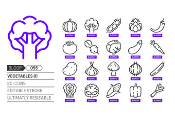 Vegetables 01 related, pixel perfect, editable stroke, up scalable, line, vector bloop icon set.