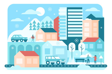 Winter geometric city with walking people vector illustration. Cartoon simple minimal landscape with residential modern block buildings, houses and bridge, car on street and park with trees and bench