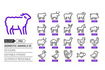 Domestic animals related, pixel perfect, editable stroke, up scalable, line, vector bloop icon set.