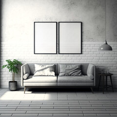 Frame mockup in interior. Cozy interior with empty poster frame. Mock up frame in home interior background, 3d render, mockup will help you create the perfect showcase for your art. Generative AI