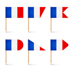 Realistic various French toothpick flags. Souvenir from France. Wooden toothpicks with paper flag. Location mark, map pointer. Blank mockup for advertising and promotions. Vector illustration