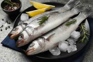 Sea bass fish and ingredients on grey table, closeup