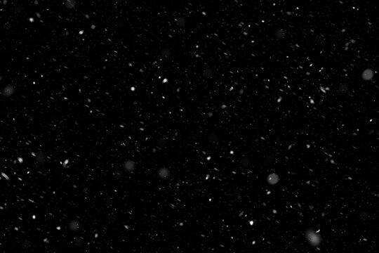 Abstract splashes of rain and snow freeze the movement of white particles on a black background