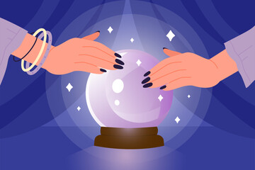 Hands of magical fortune teller with crystal ball vector illustration. Cartoon magic seer sitting at mystic glass globe on table with blue curtains, lady gazing in sphere with stars to predict future - obrazy, fototapety, plakaty
