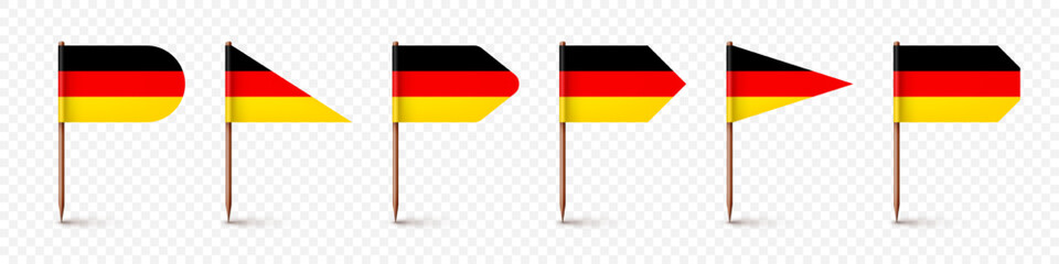 Realistic various German toothpick flags. Souvenir from Germany. Wooden toothpicks with paper flag. Location mark, map pointer. Blank mockup for advertising and promotions. Vector illustration