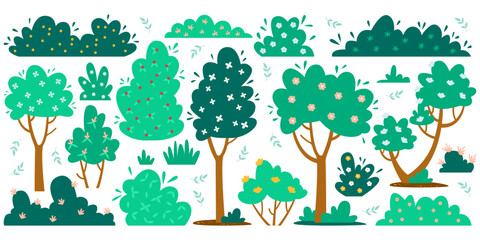 Blooming cartoon bushes and trees flat icons set. Orchard with different plants. Spring decorative flowers