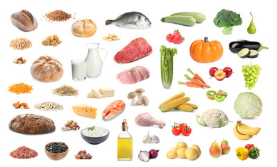Healthy diet. Set with many different products on white background