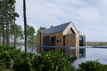 3D Rendering, Architecture, House, Exterior, large modern contemporary house in wood and concrete