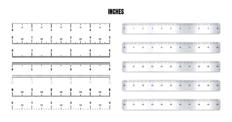 Realistic metal rulers with black inch scale for measuring length or height. Various measurement scales with divisions. Ruler, tape measure marks, size indicators. Vector illustration