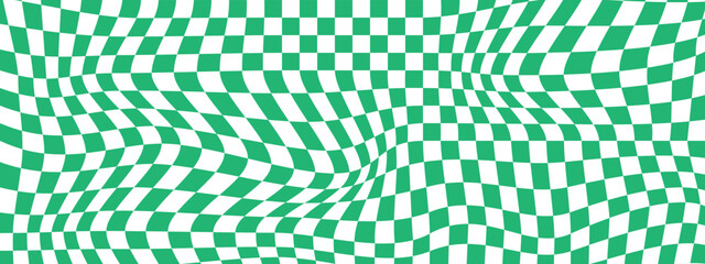 Distorted green and white chessboard background. Dizzy checkered visual illusion. Psychedelic pattern with warped squares. Trippy checkerboard surface