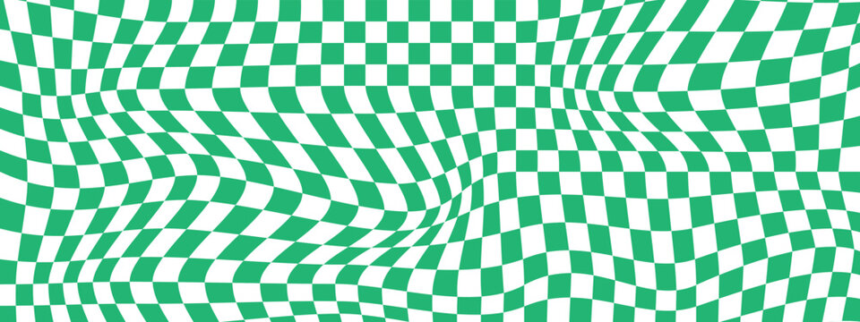 Distorted Green And White Chessboard Background. Dizzy Checkered Visual Illusion. Psychedelic Pattern With Warped Squares. Trippy Checkerboard Surface