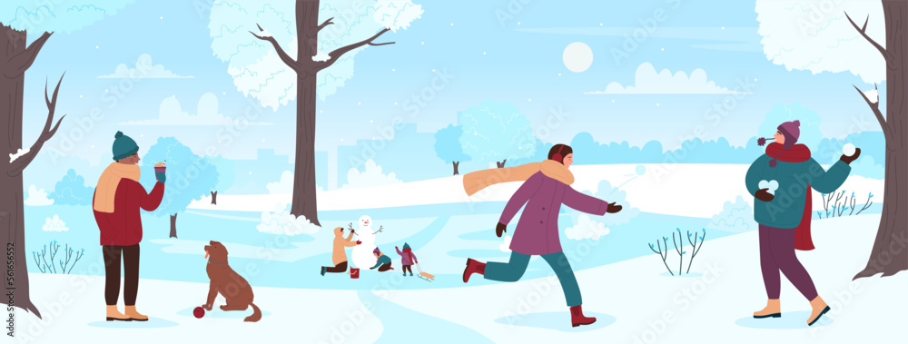 Wall mural Winter activity of people in city park vector illustration. Cartoon family and friends play snowballs and build snowman, walk dog with cup of hot drink, fun games of characters outdoor wintertime