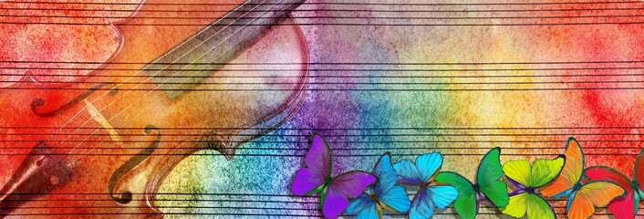 Colors of rainbow. Old music sheet in colorful watercolor paint, violin and morpho butterflies....