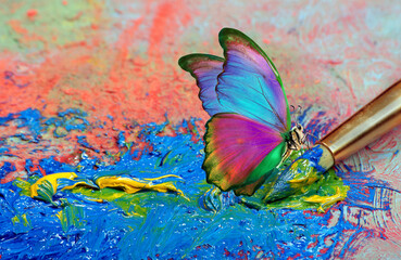 color concept. colorful tropical morpho butterfly on an artist's palette with a brush and strokes...