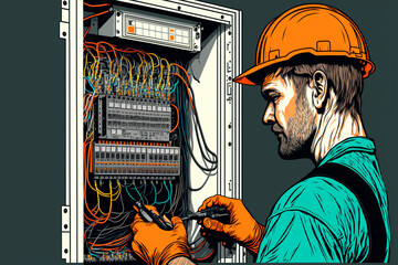 AI generative illustration of Electrician installing electric cable wires and fuse switch box with multimeter in hands. - obrazy, fototapety, plakaty