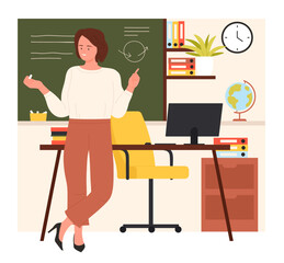 Teacher standing at blackboard in classroom vector illustration. Cartoon woman training students of school, college or university on lesson, female professor teaching and explaining at chalkboard
