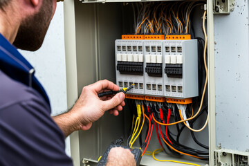 Detail close up of Electrician installing electric cable wires and fuse switch box with multimeter in hands. AI generative
