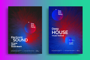 Electro Music fest poster. Blue and red dynamic fluid shape. Electronic deep house sound. Concert banner set. Club event cover.