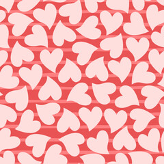 Vector seamless pattern with hearts on striped background. Cute design for fabric, wrapping, wallpaper for Valentine's Day.
