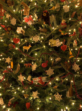 Christmas tree with ornaments and lights.