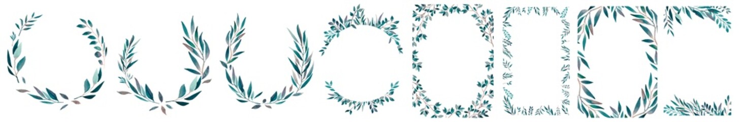 Watercolor greenery frames set. Botanical wreath, green leaves, branches, twigs, olives, eucaliptus. Eco, bio,vegan logo, frame, sign, green wedding stationery card, invitation, greeting card diy