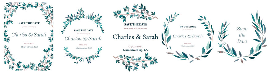 Watercolor greenery frames set. Botanical wreath, green leaves, branches, twigs, olives, eucaliptus. Eco, bio,vegan logo, frame, sign, green wedding stationery card, invitation, greeting card diy