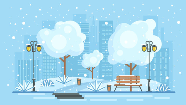 Winter snowy landscape of city vector illustration. Cartoon blue cityscape with snow and ice on street and trees of park, bench and lantern on urban road, snowflakes falling on buildings of town