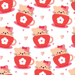 seamless pattern cartoon cat inside a cup. cute animal wallpaper for textile, gift wrap paper