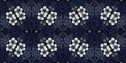 Retro indigo floral bandana 2 tone patterned fabric border background. Seamless boho denim blue banner edge design. Fashion masculine endless edging trim . 
