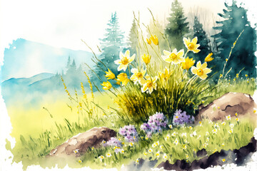 watercolor image of a spring meadow, generative ai - 561660371