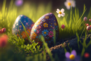 easter eaggs between flowers in the spring grass, generative ai - 561660375